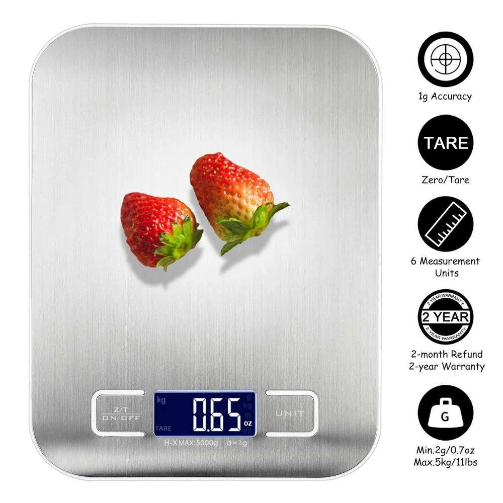 Silver Multifunction Kitchen Scale 11lb/5 Kg Capacity, Weight Grams and Ounces with LCD Display, Weighing Food Scale Cooking, Baking, Dieting, Stainless Surface